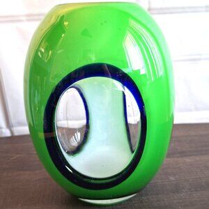 Vintage Retro Aquarium Vase - Green with Blue Retro - 8" Glass Vase Windows MCM